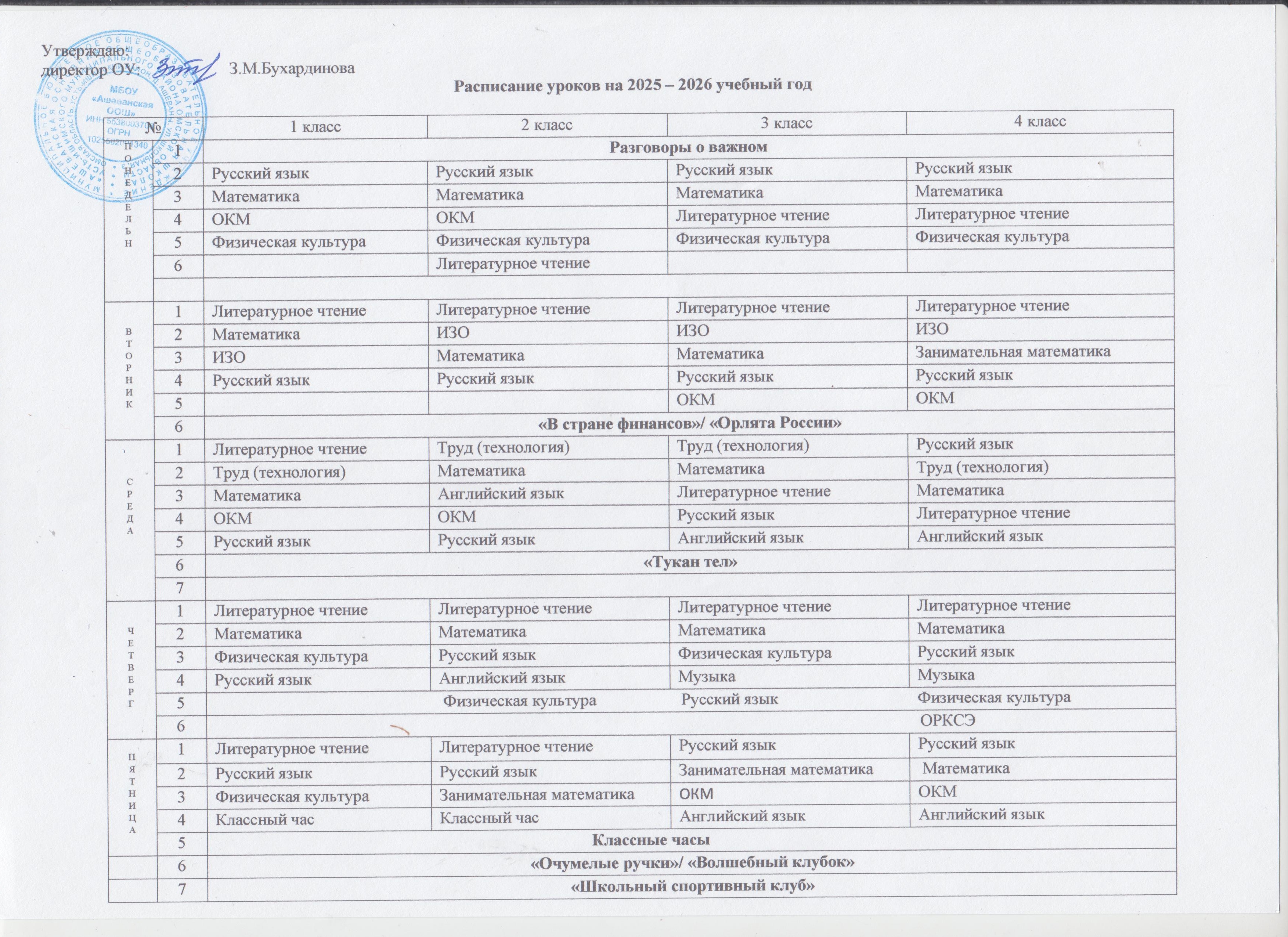 Расписание 1 - 4 классы